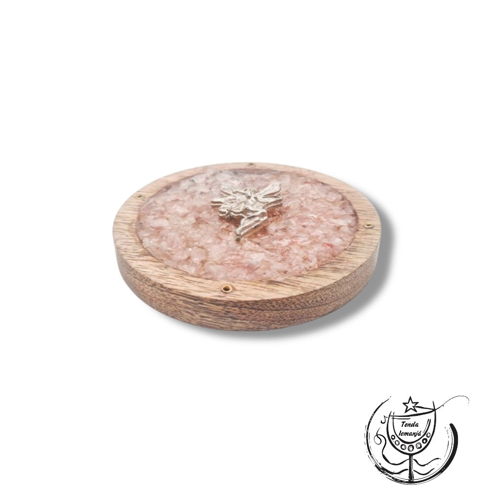Incensário Tábua Madeira Círculo Fada - Quartzo Rosa Chips