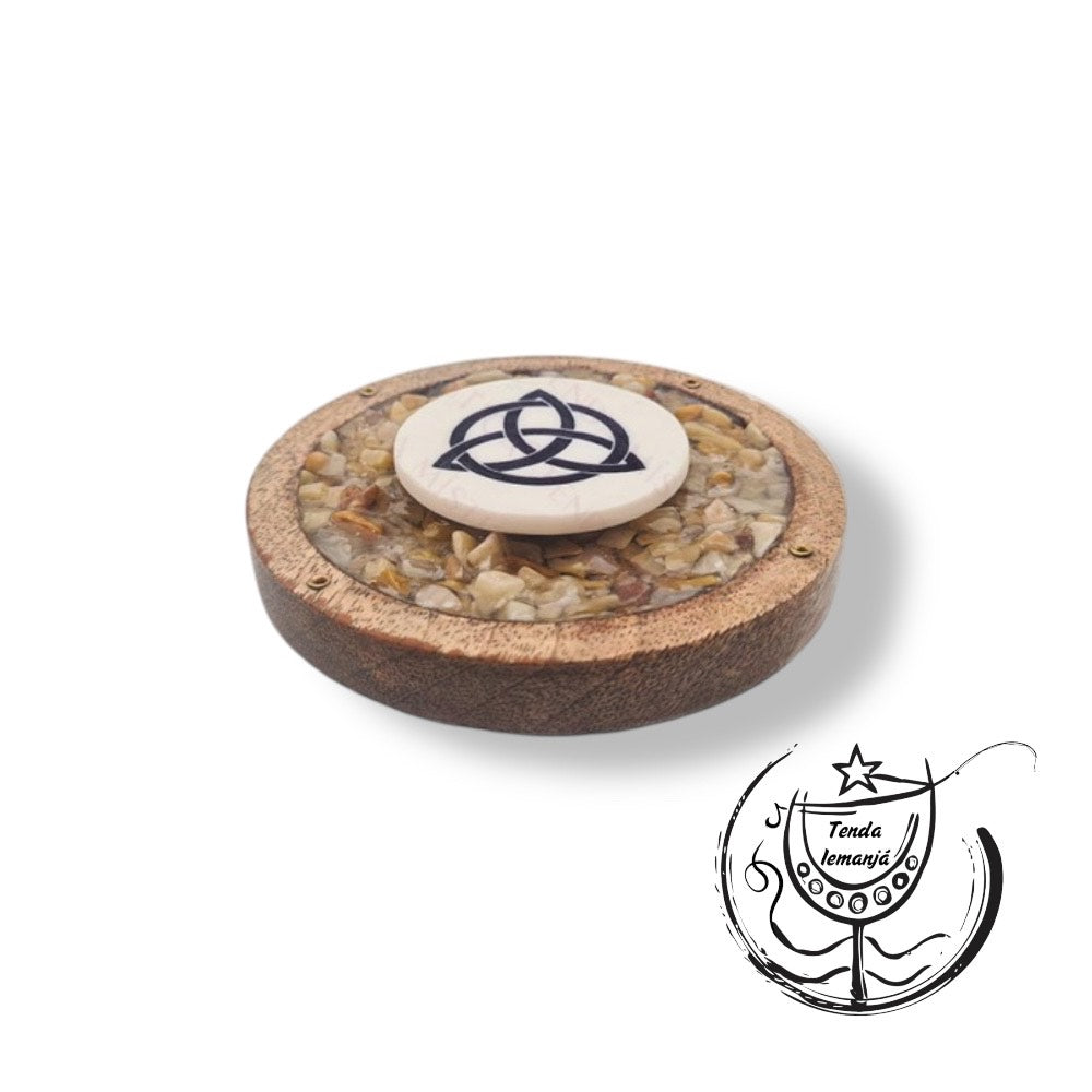 Incensário Tábua Madeira Círculo Tríquetra- Aventurina Amarela Chips