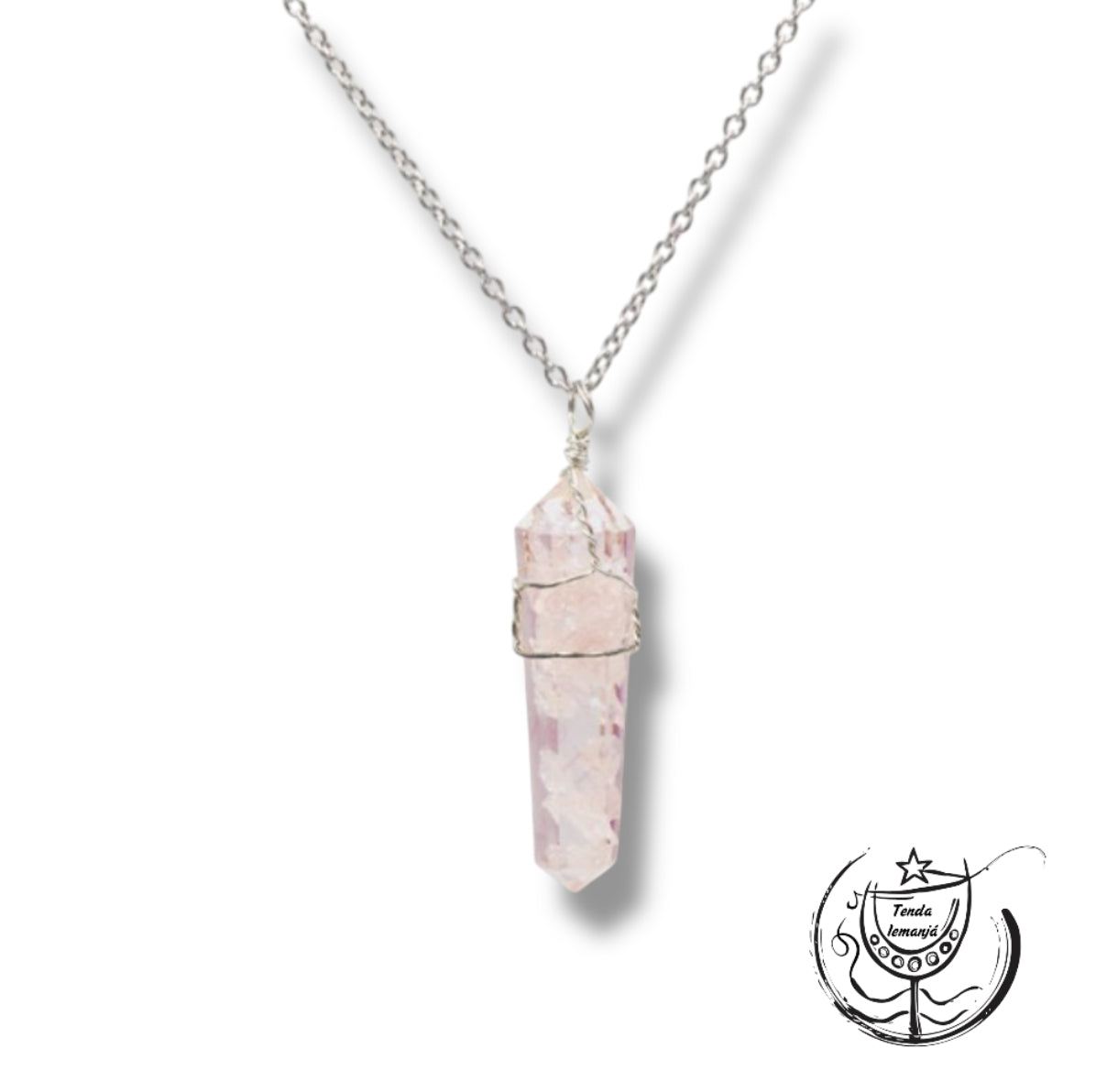 Colar - Orgonite Quartzo Rosa Ponta Biterminada Topo Prata