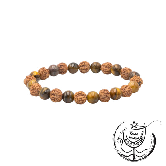 Pulseira - Rudraksha + Olho Tigre - 8mm