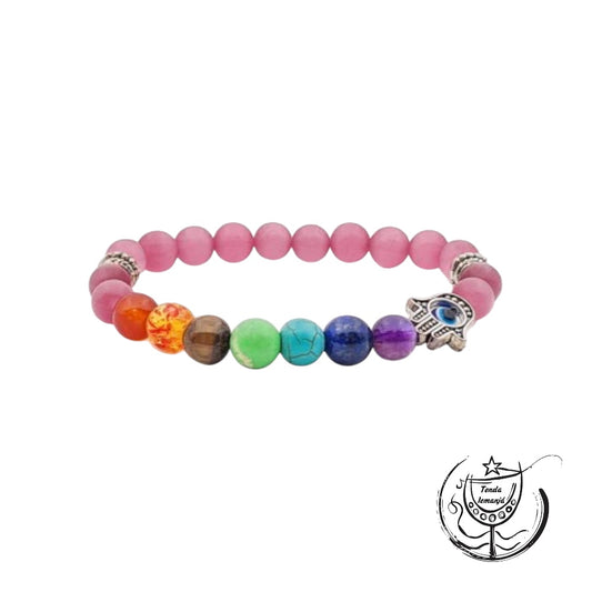 Pulseira Chakras - Hamsá Olho de Tigre Rosa - 8mm