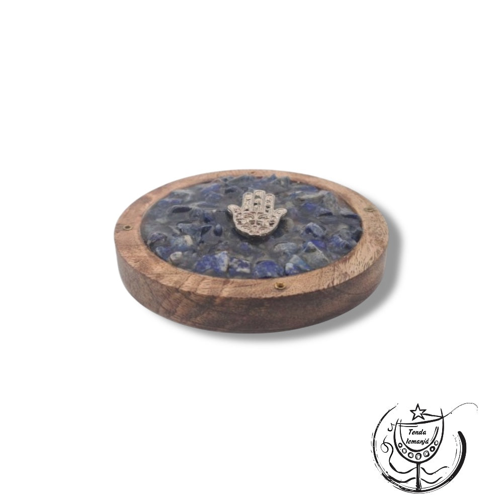Incensário Tábua Madeira Círculo Mão de Fátima - Lápis Lazúli Chips