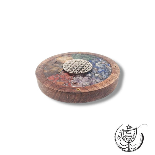 Incensário Tábua Madeira Círculo Flor da Vida - Chakras Chips