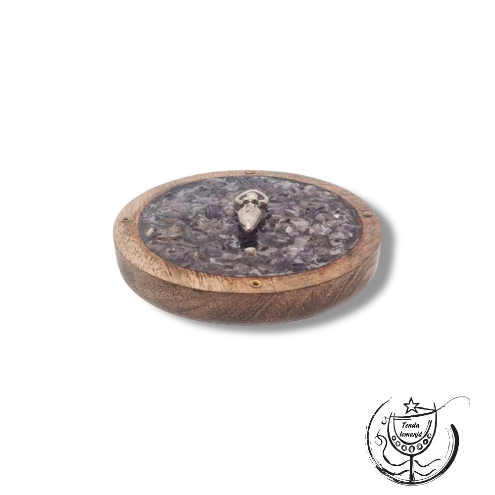 Incensário Tábua Madeira Círculo Spiral - Ametista Chips