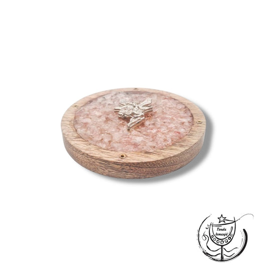 Incensário Tábua Madeira Círculo Fada - Quartzo Rosa Chips