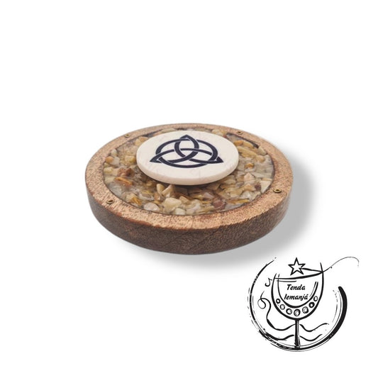 Incensário Tábua Madeira Círculo Tríquetra- Aventurina Amarela Chips